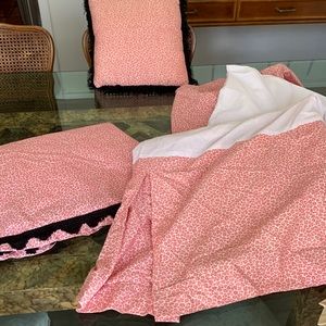 Custom bed skirt with matching throw pillow and side table skirt - full bed